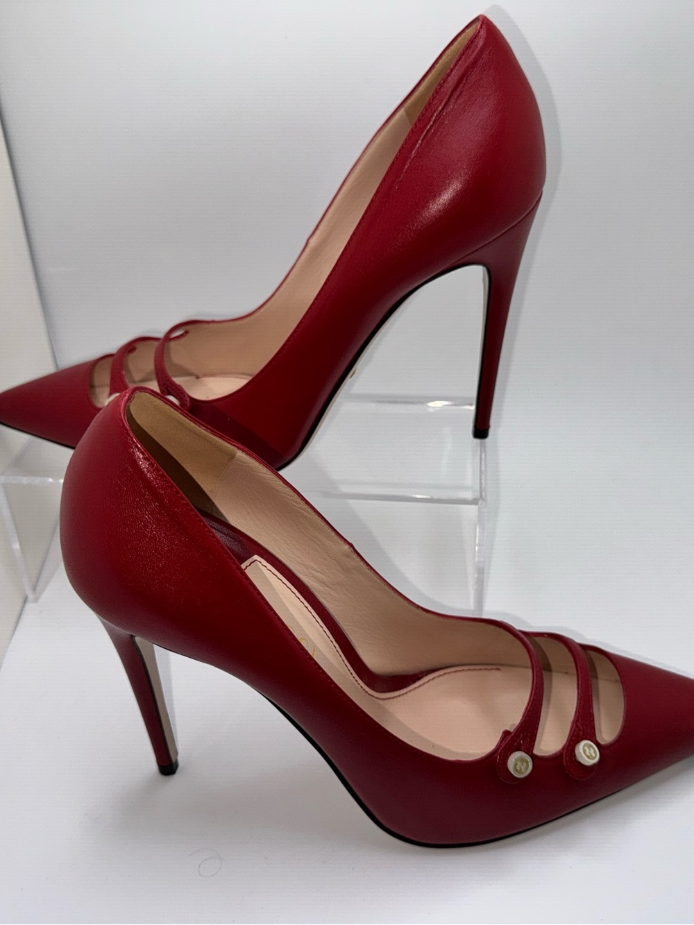 Gucci Malaga Kid Leather Double Strap Pumps Heels Red 39.5 - Picture 6 of 13